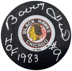 Bobby Hull Autographed Official Chicago Blackhawks Logo Hockey Puck W/ "HOF 1983" Inscription Beckett