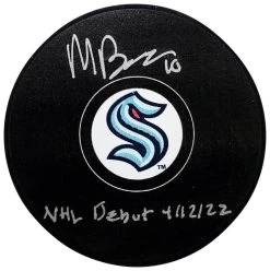 Matty Beniers Autographed Official Seattle Kraken Logo Hockey Puck W/ "NHL Debut 4/12/22" Inscription Fanatics